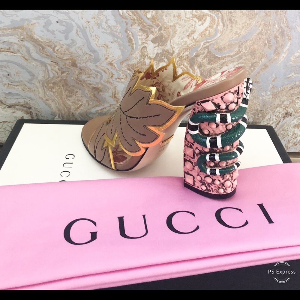 Gucci Webby Leaf Taupe Multicolor Leather Mules - Picture 3 of 8